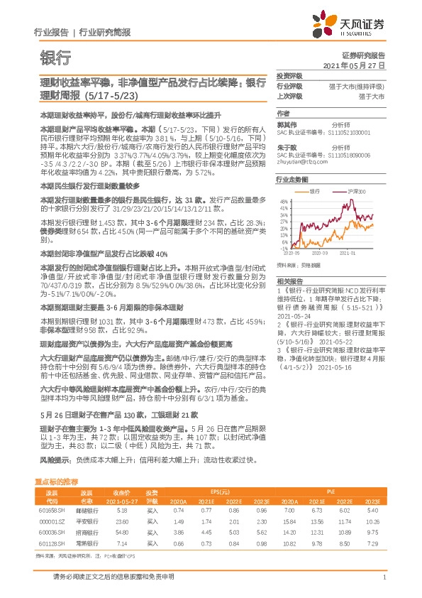 银行理财周报：理财收益率平稳，非净值型产品发行占比续降