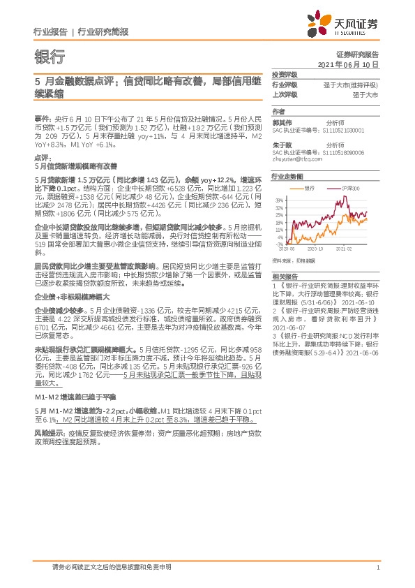 银行5月金融数据点评：信贷同比略有改善，局部信用继续紧缩