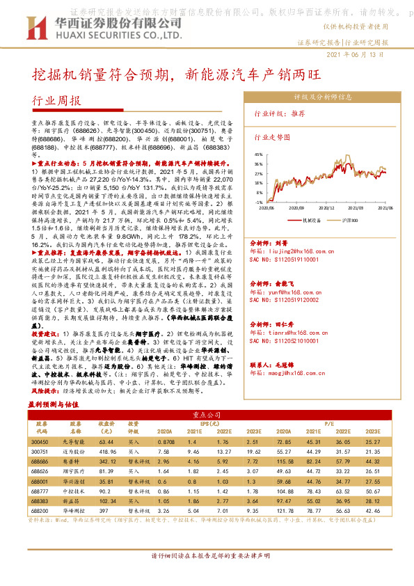 机械设备行业周报：挖掘机销量符合预期，新能源汽车产销两旺