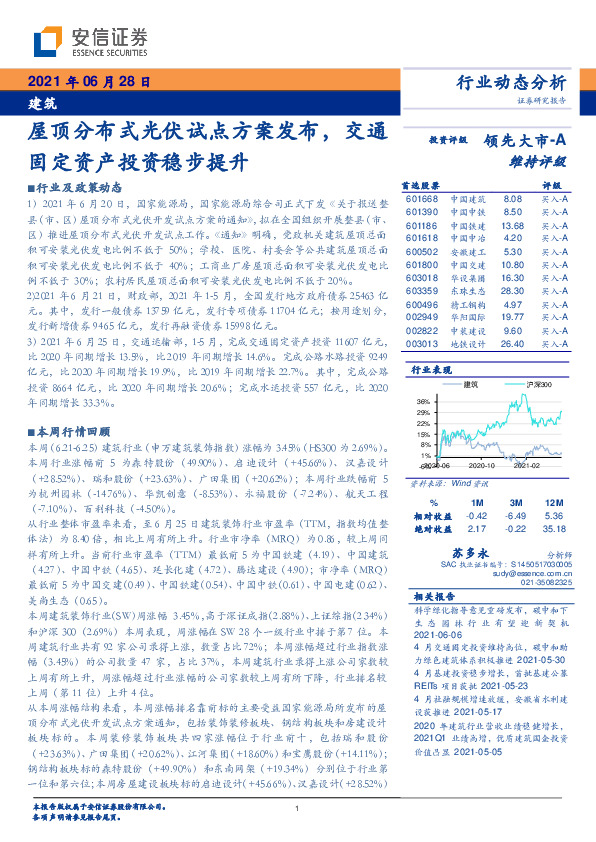 建筑行业动态分析：屋顶分布式光伏试点方案发布，交通固定资产投资稳步提升