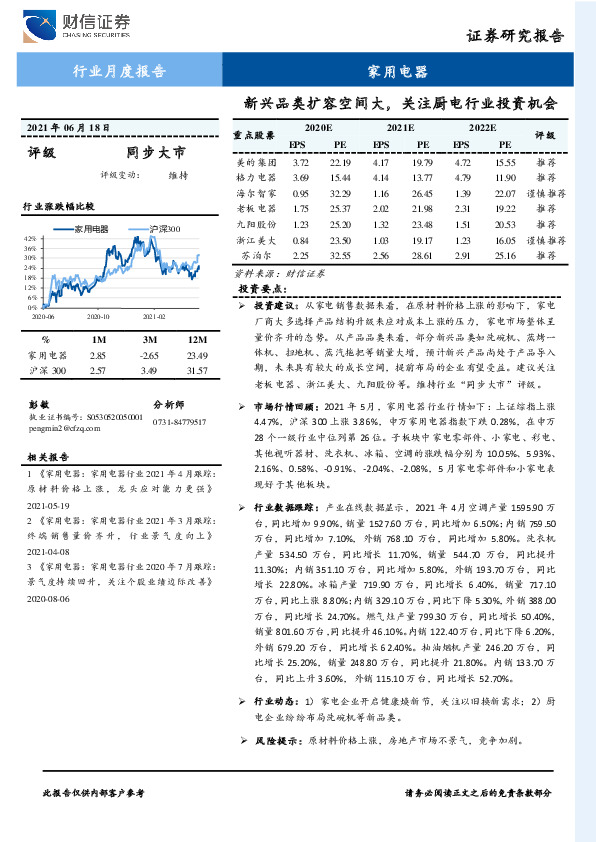 家用电器行业月度报告：新兴品类扩容空间大，关注厨电行业投资机会