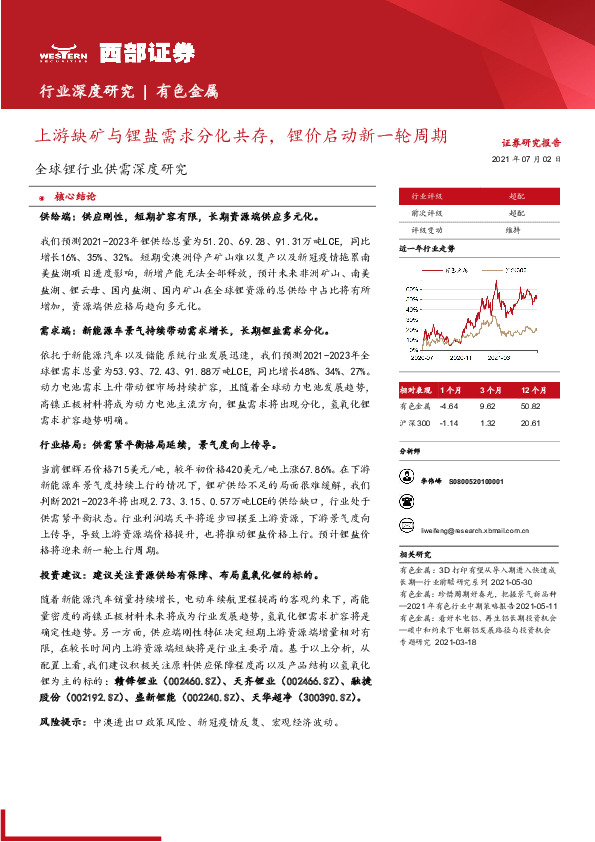 全球锂行业供需深度研究：上游缺矿与锂盐需求分化共存，锂价启动新一轮周期