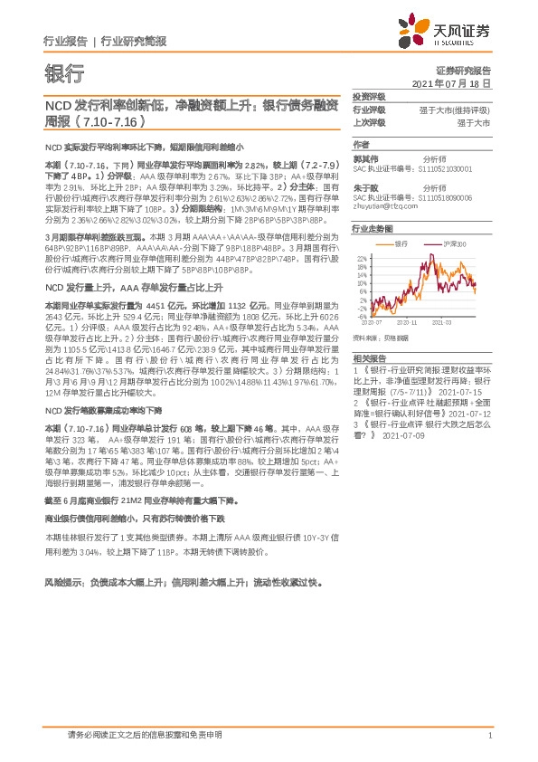 银行债务融资周报：NCD发行利率创新低，净融资额上升