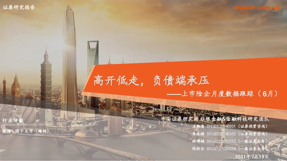 上市险企月度数据跟踪（6月）：高开低走，负债端承压