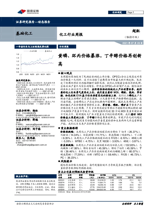 化工行业周报：黄磷、环丙价格暴涨，丁辛醇价格再创新高