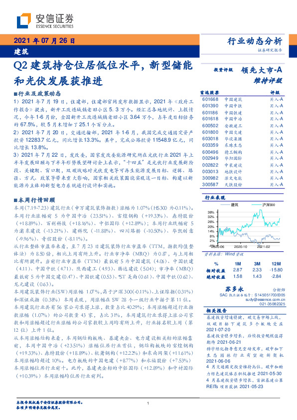 建筑行业动态分析：Q2建筑持仓位居低位水平，新型储能和光伏发展获推进