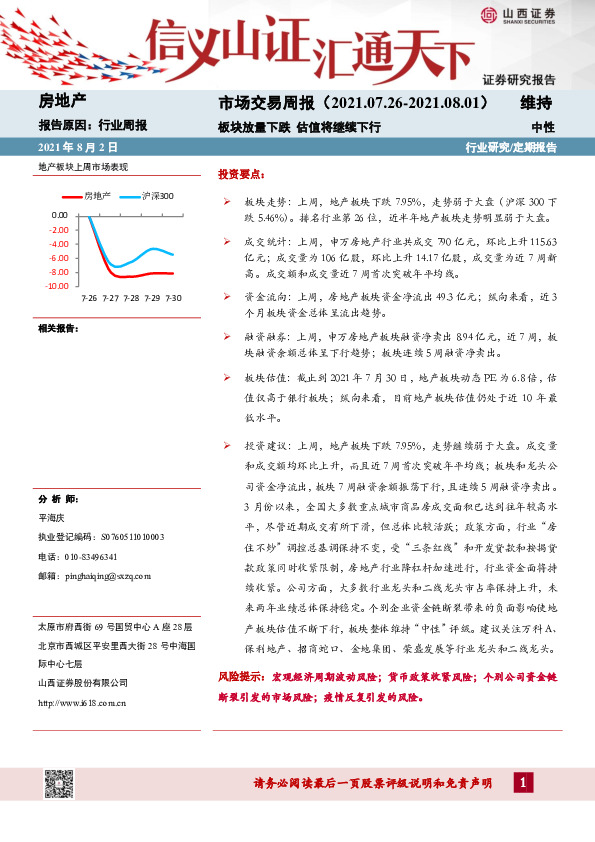 房地产市场交易周报：板块放量下跌 估值将继续下行