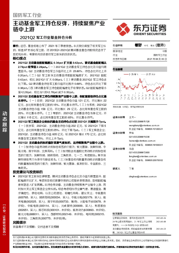 2021Q2军工行业基金持仓分析：主动基金军工持仓反弹，持续聚焦产业链中上游