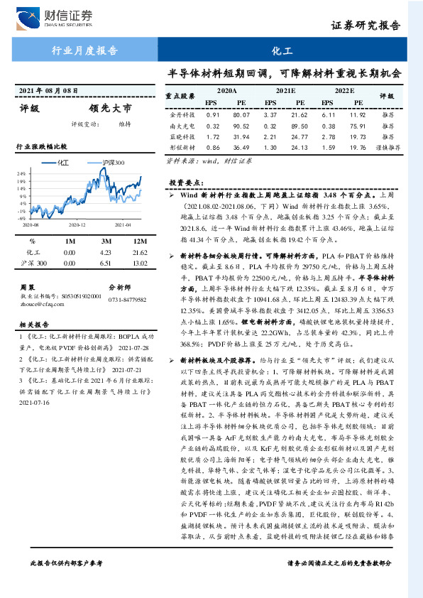 化工行业月度报告：半导体材料短期回调，可降解材料重视长期机会
