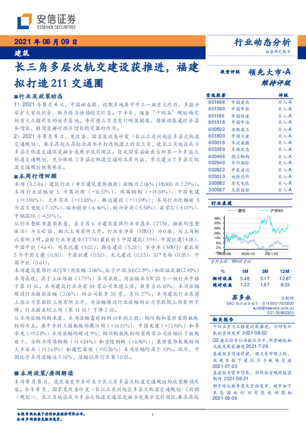 建筑行业动态分析：长三角多层次轨交建设获推进，福建拟打造211交通圈