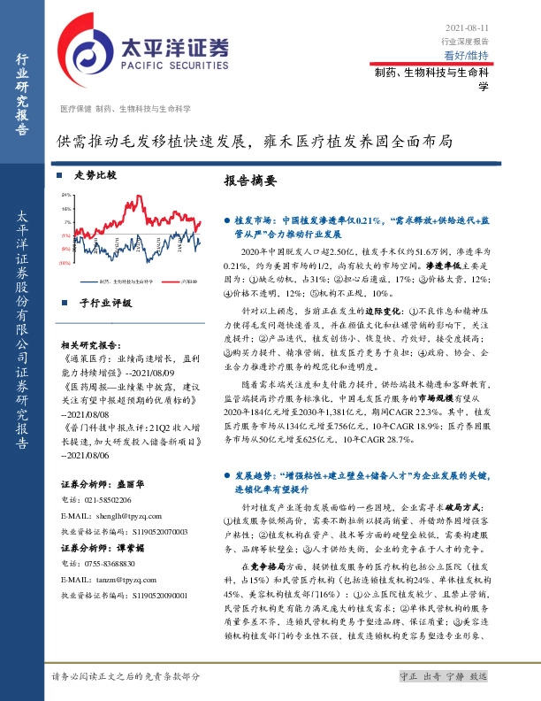制药、生物科技与生命科学行业深度报告：供需推动毛发移植快速发展，雍禾医疗植发养固全面布局