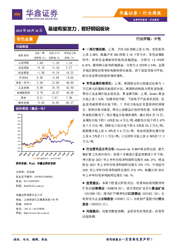 有色金属行业周报：基建有望发力，看好铜铝板块