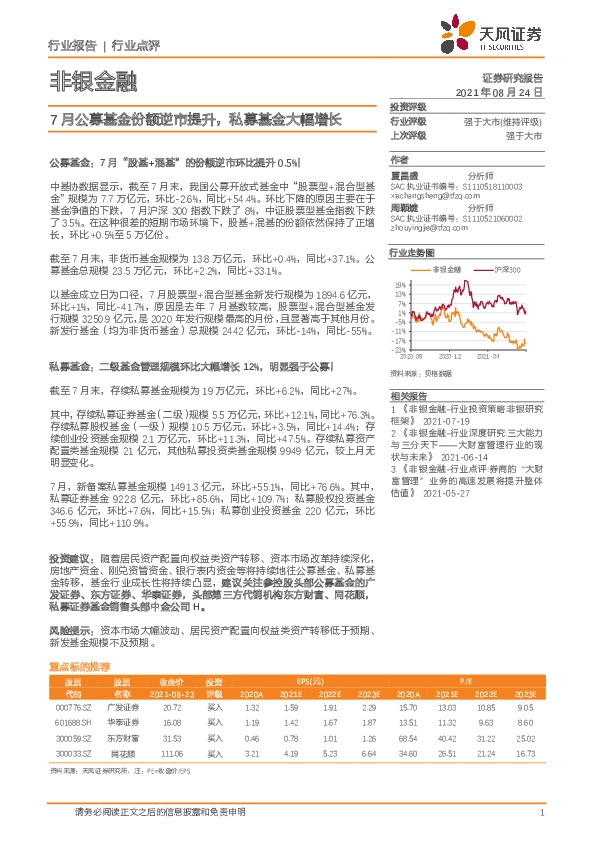 非银金融：7月公募基金份额逆市提升，私募基金大幅增长