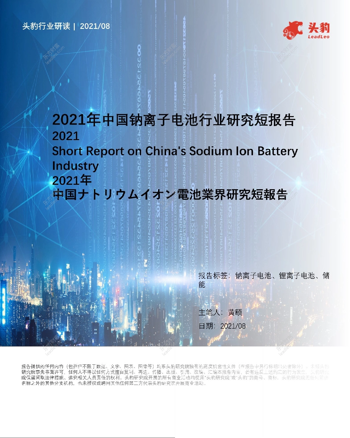 2021年中国钠离子电池行业研究短报告