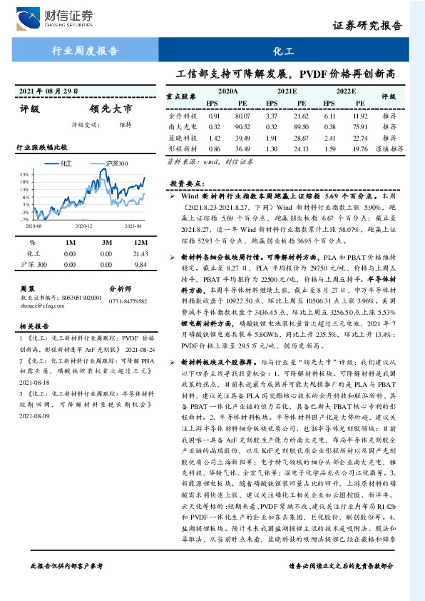 化工行业周度报告：工信部支持可降解发展，PVDF价格再创新高