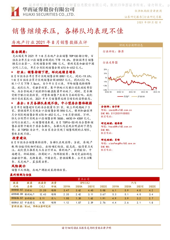 房地产行业2021年8月销售数据点评：销售继续承压，各梯队均表现不佳