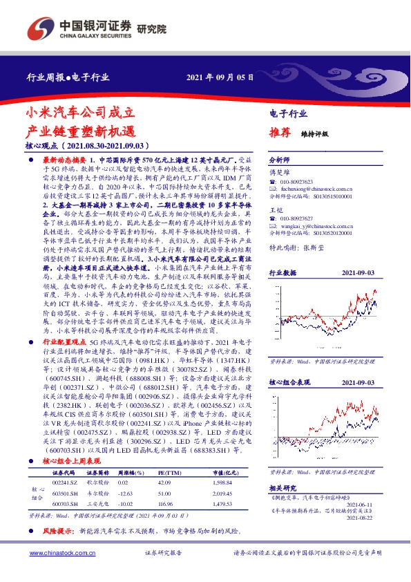 电子行业周报；小米汽车公司成立产业链重塑新机遇