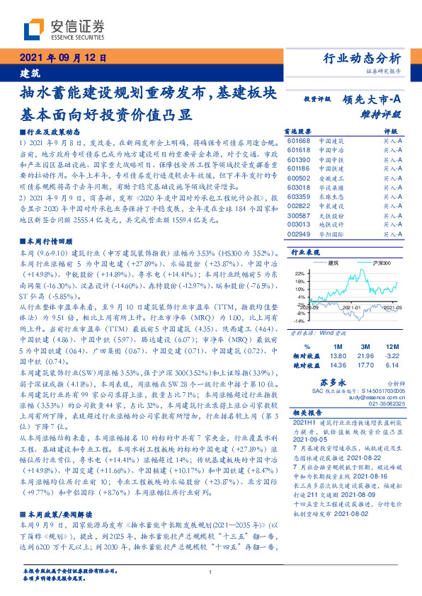 建筑行业动态分析：抽水蓄能建设规划重磅发布，基建板块基本面向好投资价值凸显