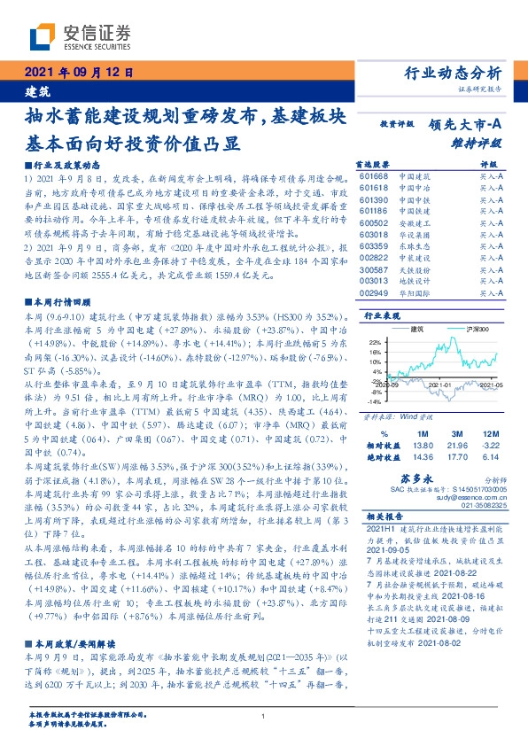 建筑行业动态分析：抽水蓄能建设规划重磅发布，基建板块基本面向好投资价值凸显