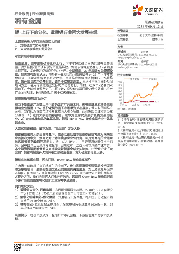 稀有金属：锂-上行下的分化，紧握锂行业两大发展主