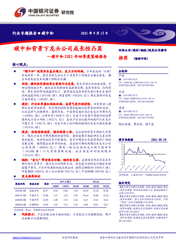 碳中和2021年四季度策略报告：碳中和背景下龙头公司成长性凸显