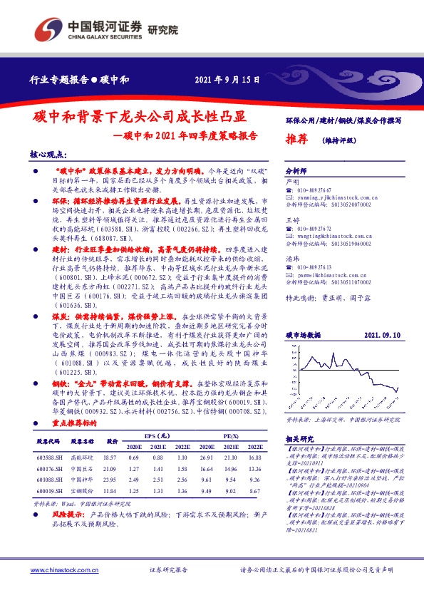 碳中和2021年四季度策略报告：碳中和背景下龙头公司成长性凸显