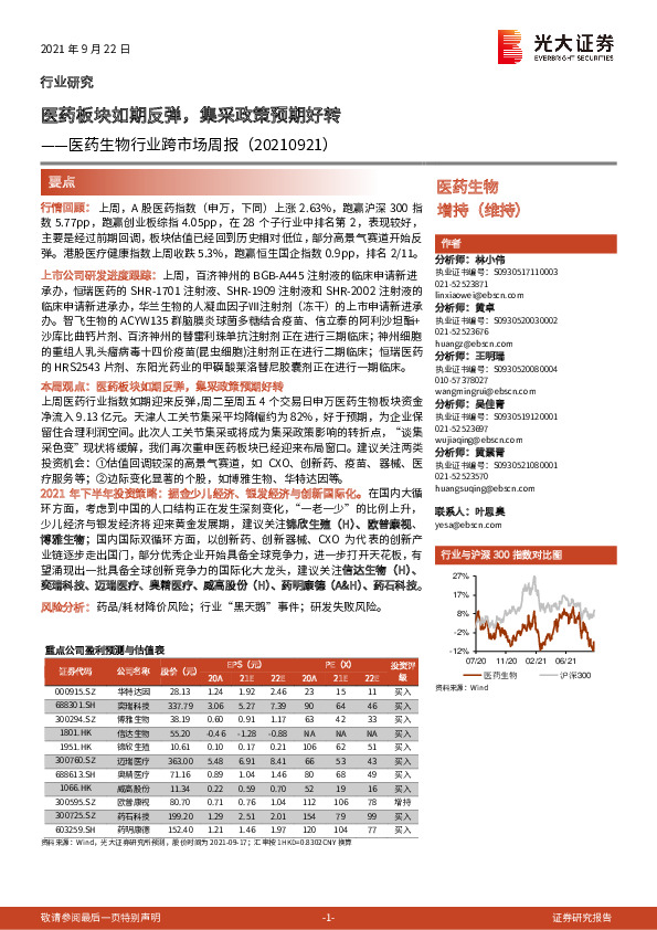 医药生物行业跨市场周报：医药板块如期反弹，集采政策预期好转