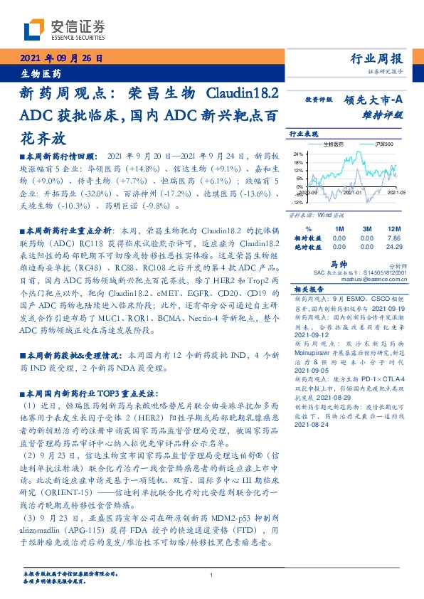 新药周观点：荣昌生物Claudin18.2 ADC获批临床，国内ADC新兴靶点百花齐放