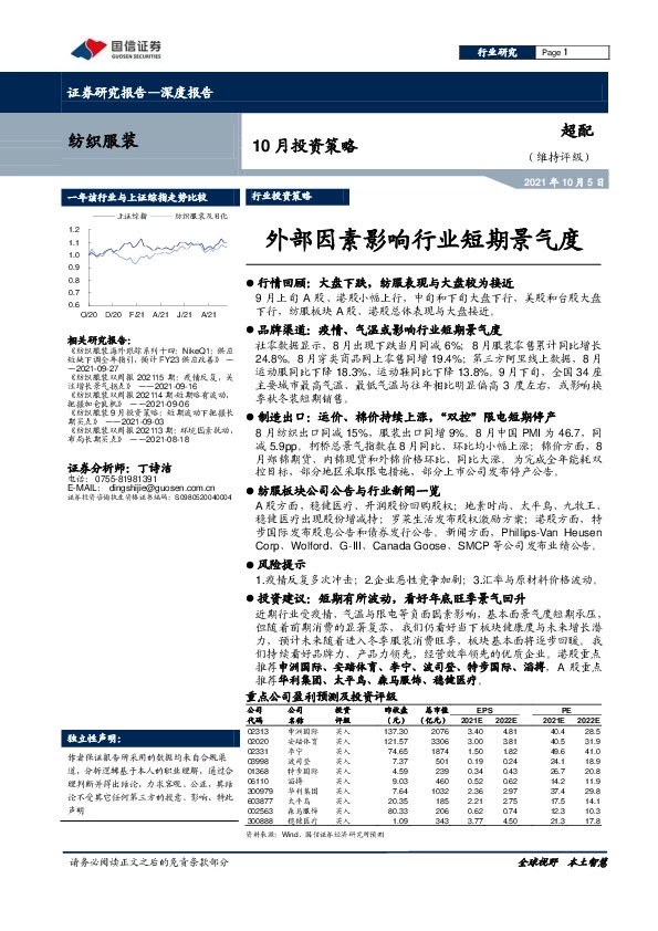 纺织服装10月投资策略：外部因素影响行业短期景气度