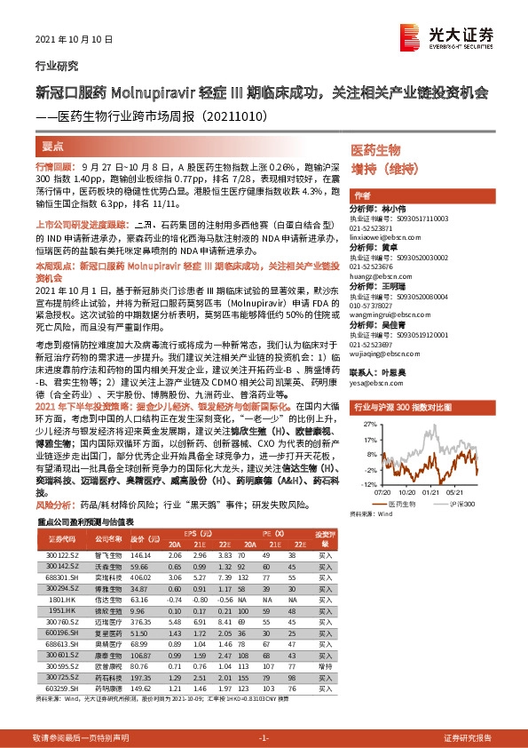 医药生物行业跨市场周报：新冠口服药Molnupiravir轻症III期临床成功，关注相关产业链投资机会