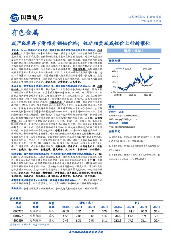 有色金属行业周报：减产&库存下滑推升铜铝价格；锂矿拍卖或成锂价上行新催化