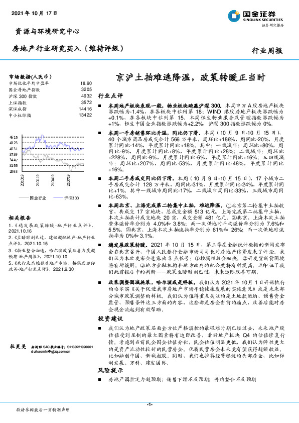 房地产行业研究：京沪土拍难逃降温，政策转暖正当时