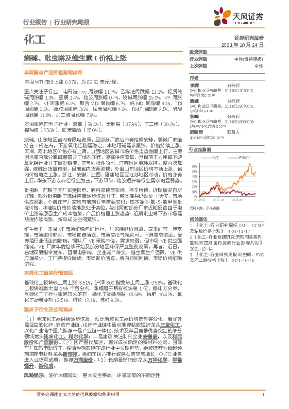 化工行业研究周报：烧碱、吡虫啉及维生素E价格上涨