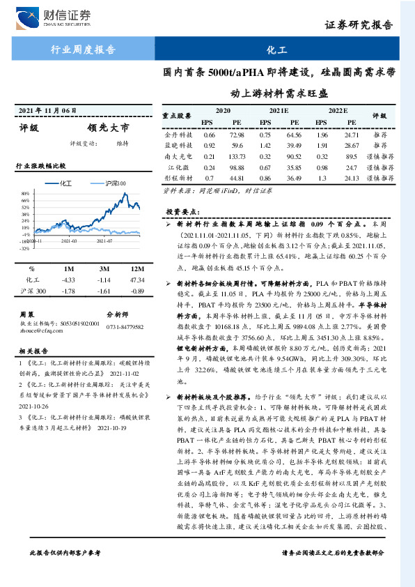化工行业周度报告：国内首条5000t/aPHA即将建设，硅晶圆高需求带动上游材料需求旺盛