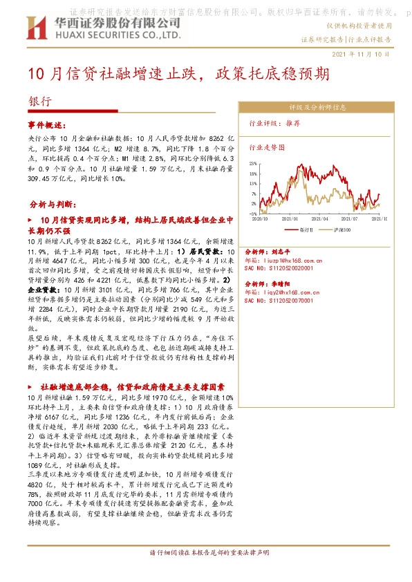 银行：10月信贷社融增速止跌，政策托底稳预期