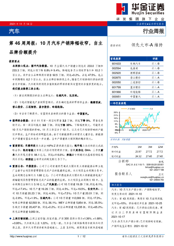 汽车第46周周报：10月汽车产销降幅收窄，自主品牌份额提升