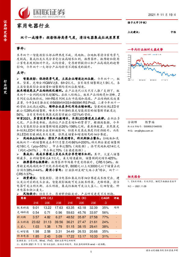 家用电器行业：双十一成绩单：投影保持高景气度，清洁电器集成灶战果累累