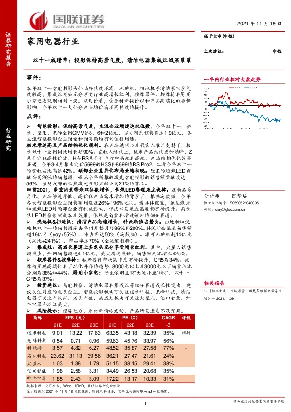 家用电器行业：双十一成绩单：投影保持高景气度，清洁电器集成灶战果累累
