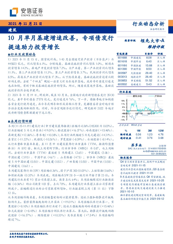 建筑行业动态分析：10月单月基建增速改善，专项债发行提速助力投资增长