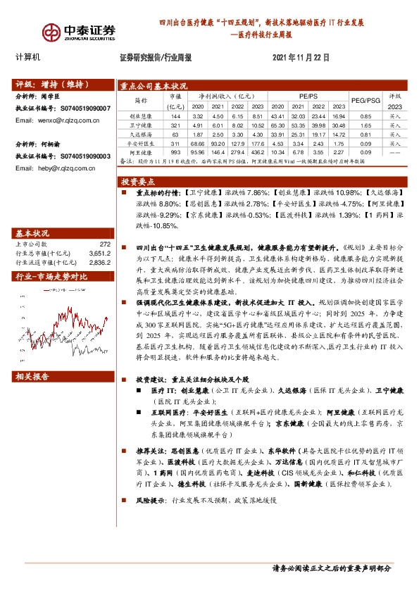 医疗科技行业周报：四川出台医疗健康“十四五规划”，新技术落地驱动医疗IT行业发展