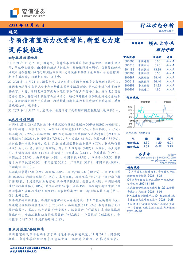 建筑行业动态分析：专项债有望助力投资增长，新型电力建设再获推进