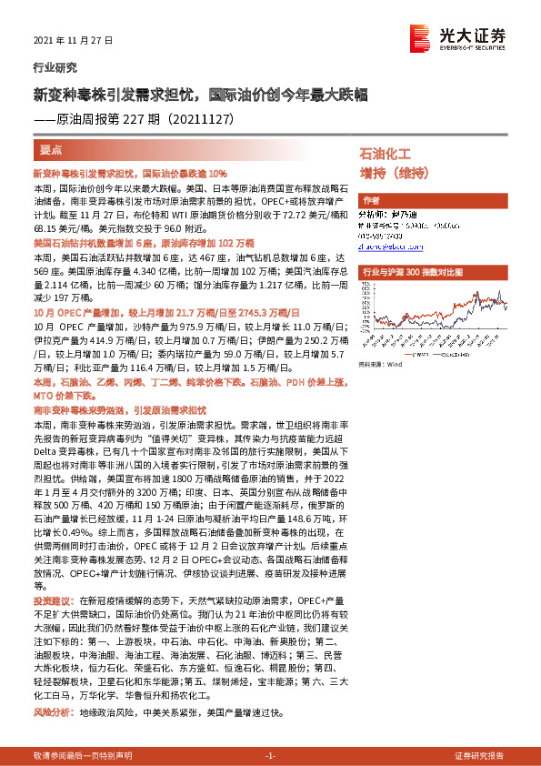 原油周报第227期：新变种毒株引发需求担忧，国际油价创今年最大跌幅