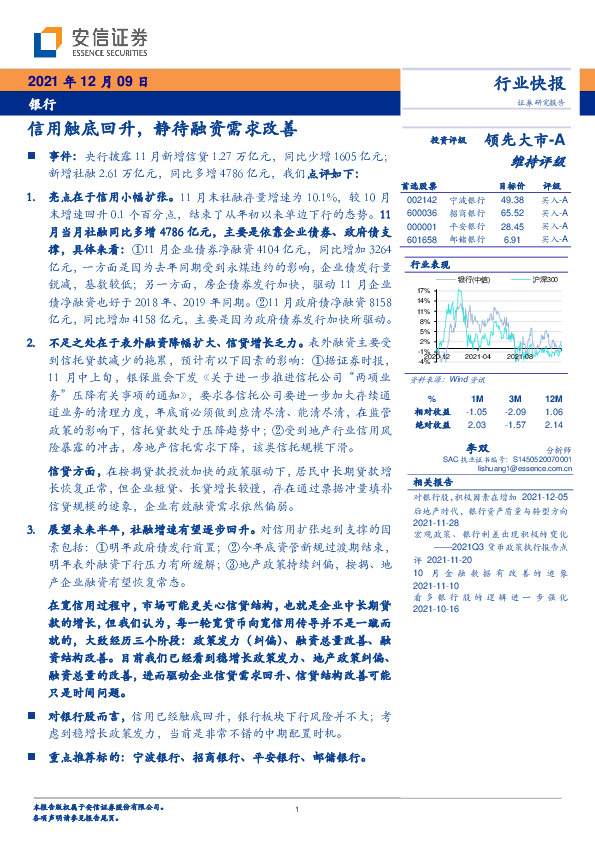 银行：信用触底回升，静待融资需求改善