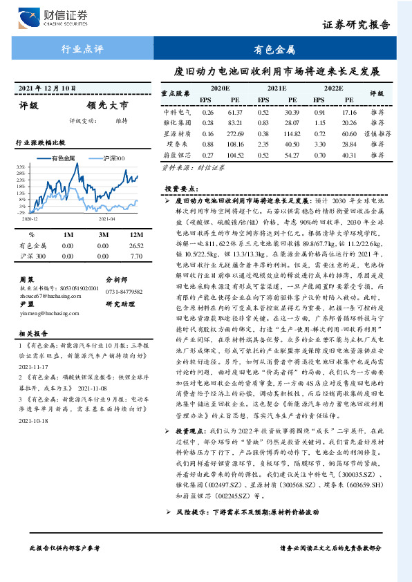 有色金属：废旧动力电池回收利用市场将迎来长足发展