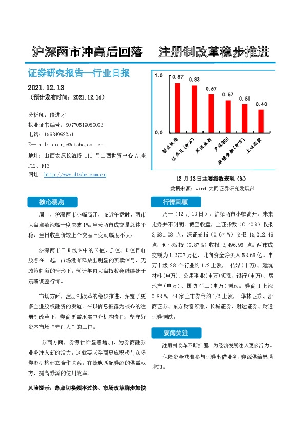 证券研究报告—行业日报：沪深两市冲高后回落 注册制改革稳步推进