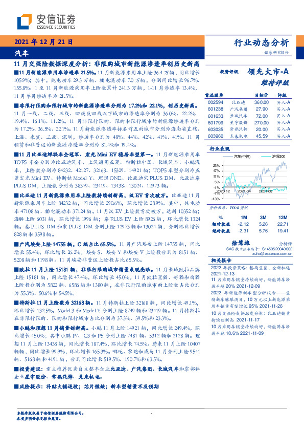 汽车：11月交强险数据深度分析：非限购城市新能源渗透率创历史新高