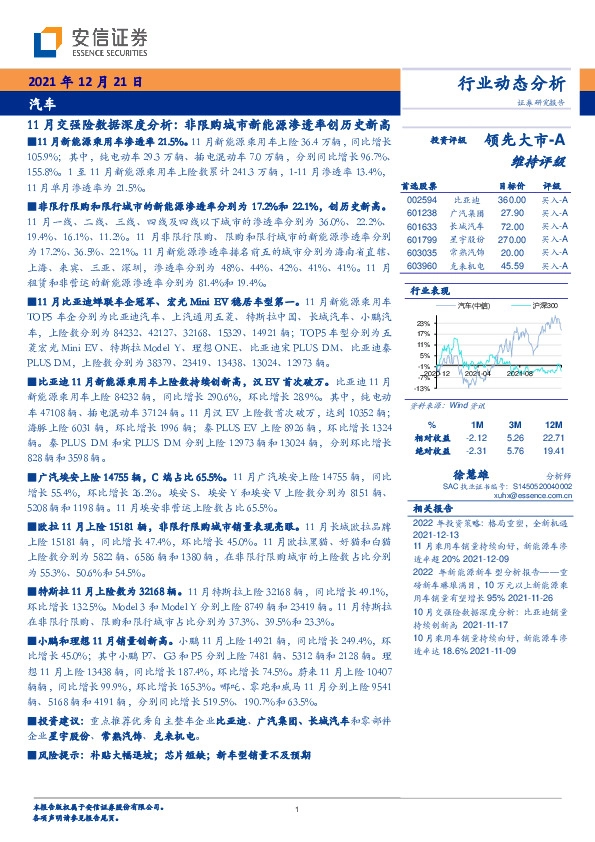 汽车：11月交强险数据深度分析：非限购城市新能源渗透率创历史新高