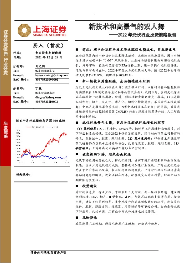 2022年光伏行业投资策略报告：新技术和高景气的双人舞