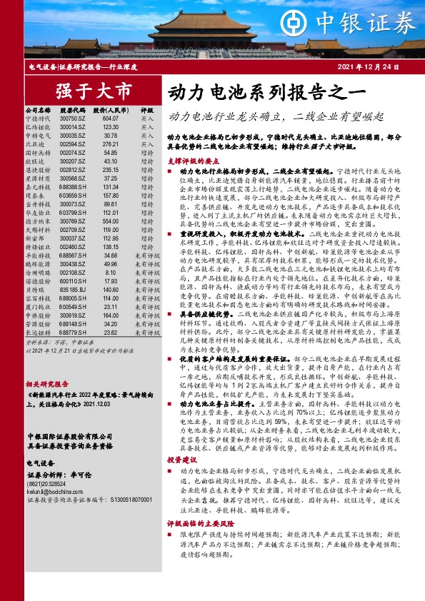 动力电池系列报告之一：动力电池行业龙头确立，二线企业有望崛起