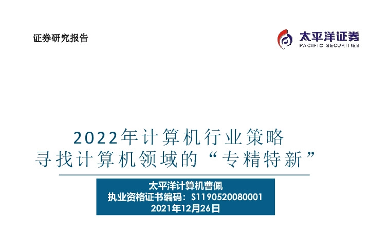 2022年计算机行业策略：寻找计算机领域的“专精特新”